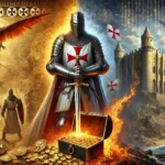 صورة درامية تُظهر فارسًا من فرسان الهيكل يقف بين النور والظل، مرتديًا درعًا فضيًا ويحمل سيفًا مشتعلًا ومفتاحًا ذهبيًا، مع خلفية مكونة من قلعة حجرية ضخمة وصندوق كنوز مفتوح، بينما تتحول الرمال السائلة إلى أرقام ثنائية.