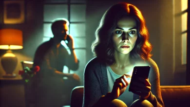 امرأة متزوجة تجلس في غرفة ذات إضاءة خافتة، ينعكس ضوء شاشة هاتفها المحمول على وجهها الذي يعبر عن القلق والشك. في الخلفية، يظهر ظل غير واضح لرجل يتحدث على الهاتف مع امرأة أخرى، مما يخلق جوًا من الريبة والغموض. الألوان الداكنة والتباين بين الضوء والظل يعززان الشعور بالتوتر وعدم اليقين.