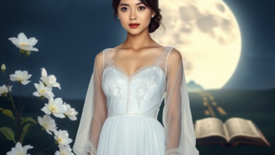 فتاة عزباء ترتدي فستانًا أبيض طويلًا بلمسات شفافة، تقف في منظرٍ ليليٍّ يمتلئ بضوء القمر الخافت مع تموجات حريرية تلمع حولها. خلفها مزيجٌ رمزي بين زهور بيضاء (إشارة للزواج) وكُتُب مفتوحة (رمز للنجاح الدراسي)، بينما يظهر في الأفق طريق متشعب يلوح كخيارات مستقبلية. تعابير وجهها تحمل فضولًا وترقبًا، مع إضاءة ناعمة تُبرز التفاصيل الرمزية دون إغراقٍ في الواقعية.