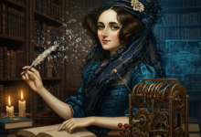 صورة رمزية تجسد آدا لافليس جالسةً في مكتبة فكتورية كلاسيكية، ترتدي فستانًا من القرن التاسع عشر، بينما تتدفق من قلمها الريشة أرقامٌ وخوارزميات مضيئة كالنجوم. خلفها، تتحول أرفف الكتب إلى دوائر إلكترونية وشرائح ذكاء اصطناعي، فيما يُحيط بها نموذجٌ ميكانيكي لـ«المحرك التحليلي» مع ظلٍّ رقميٍّ لشاشة حاسوب حديثة. الإضاءة تجمع بين دفء الشموع ووهج الأزرق التكنولوجي، كرمزٍ لعبور أفكارها حاجز الزمن."