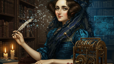 صورة رمزية تجسد آدا لافليس جالسةً في مكتبة فكتورية كلاسيكية، ترتدي فستانًا من القرن التاسع عشر، بينما تتدفق من قلمها الريشة أرقامٌ وخوارزميات مضيئة كالنجوم. خلفها، تتحول أرفف الكتب إلى دوائر إلكترونية وشرائح ذكاء اصطناعي، فيما يُحيط بها نموذجٌ ميكانيكي لـ«المحرك التحليلي» مع ظلٍّ رقميٍّ لشاشة حاسوب حديثة. الإضاءة تجمع بين دفء الشموع ووهج الأزرق التكنولوجي، كرمزٍ لعبور أفكارها حاجز الزمن."