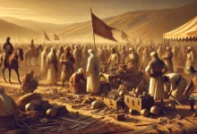 مشهد تاريخي لغنائم بدر، يظهر جنود المسلمين بعد غزوة بدر وهم يجمعون الغنائم في صحراء عربية. يرتدي الجنود دروعًا تقليدية ويرفع بعضهم الرايات بينما ينظم الآخرون الغنائم، وسط إضاءة ذهبية درامية تعكس مفهوم الأنفال في التاريخ الإسلامي.