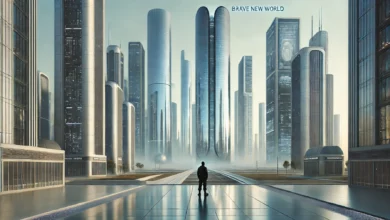 غلاف كتاب "عالم جديد شجاع" يعرض مشهداً لمدينة مستقبلية مع ناطحات سحاب أنيقة وزجاجية، وأجواء معزولة وغامضة، مع شخصية واحدة في وسط الصورة. السماء زرقاء فاتحة تعكس الضوء الاصطناعي. النص "عالم جديد شجاع" مكتوب بخط عصري وواضح في أعلى الصورة.