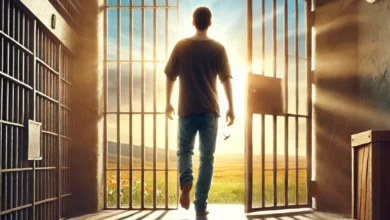 شخص يخطو خارج بوابة السجن نحو الحرية، تغمره أشعة الشمس الدافئة. تعكس ملامحه الشعور بالارتياح والأمل بينما يترك وراءه قضبان السجن المظلمة. أمامه، يمتد منظر طبيعي واسع بسماء زرقاء صافية وأفق بعيد، يرمز إلى بداية جديدة وفرص لا حدود لها.