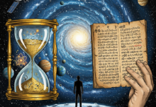 صورة مُركَّبة تُمزج بين عناصر العلم الملموس والروحانيات المجرَّدة: في الخلفية، مجرَّة لولبية زرقاء تتلألأ بآلاف النجوم، تتوسطها كواكبُ تُشبه الأرض تُحيط بها أقمارٌ صناعية وتلسكوبات عملاقة. على الجانب الأيمن، يد بشرية تمسك مخطوطةً قديمةً مكتوبةً بخطوط عربية وسنسكريتية، تتصاعد منها رموزٌ دينية كالهلال والصلبان وورقة التين (رمز المعرفة في البوذية). على الجانب الأيسر، ساعة رملية ذهبية تتحول رمالها إلى ذراتٍ مُضيئة تشكل معادلة فيرمي (N = R* × fp × ne × fl × fi × fc × L). في المنتصف، ظلُّ إنسانٍ واقفٍ على حافة كوكبٍ صخري، ينظر إلى أفقٍ حيث يلتقي ضوءُ المجرة بنورٍ ذهبيٍّ يشبه الهالة الدينية، بينما يطفو في الأعلى علامة استفهام مكونة من مجموعات نجمية