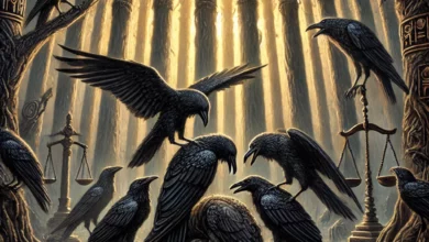 غابةٌ مُظلمةٌ تتناثرُ فيها أشجارٌ عتيقةٌ كأعمدةِ قصرٍ مهيبٍ، تجتمعُ مجموعةٌ من الغربانِ السوداءِ في دائرةٍ مُحكمةٍ، تُحيطُ بغرابٍ مُتهمٍ يُنزعُ ريشُه بمناقيرَ حادةٍ. في الخلفيةِ، غرابٌ آخرُ يحفرُ بقوةٍ لدفنِ جثةٍ، مُستحضرًا قصةَ تعليمِ البشرِ الدفنَ من القرآنِ. أشعةُ شمسٍ خافتةٌ تخترقُ الأغصانَ، تُضيءُ مشهدَ العدالةِ البدائيةِ الذي يجمعُ بين صرامةِ الطبيعةِ وحكمةِ الكائناتِ.