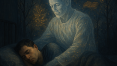 صورة سريالية تُظهِر شخصًا نائمًا في غُرفة مُعتِمة، بينما يظهر خيال شفاف لشخصٍ ميت (بملامح هادئة وملابس بيضاء) يُحيط به بحضنٍ دافئ. تندمج الخلفية بين سماءٍ ليلية مُمزوجة بومضات ذهبية (رمزًا للعالم الآخر) وأشجارٍ جافة تتحول إلى أوراقٍ مضيئة (دلالة على الانبعاث النفسي). في الخلفية البعيدة، تظهر أيقونات رمزية خفية: ميزان (للعدل الإلهي) وكتاب مفتوح (للعلم النفسي)، مع إضاءة خافتة تُلامس جسد النائم لتعكس صراعًا بين الراحة والغموض.