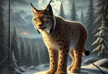 تُجسّد الصورة 'الوشق الأوراسي' في ذروة أناقته البرية، واقفًا بصلابة على صخرة مُغطاة بالثلوج في قلب غابة صنوبرية كثيفة. تُلامس أشعة القمر الذهبية فروَه الكثيف المُرقّط بظلال بنية ورمادية، بينما تتوهج عيناه الذهبيتان كجمرتين في الظلام، مُعبّرتين عن حِدّة البصر التي ألهمت اسمه اليوناني "المُشع". تُظهِر التفاصيل الدقيقة **خصل الأذن السوداء الطويلة** التي تُميّزه، وأقدامه العريضة المُغطاة بالفراء التي تمنعه من الغوص في الثلج، بينما ينساب ذيله القصير خلفه كإشارة إلى تكيّفه مع البرودة القاسية.