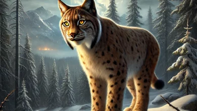 تُجسّد الصورة 'الوشق الأوراسي' في ذروة أناقته البرية، واقفًا بصلابة على صخرة مُغطاة بالثلوج في قلب غابة صنوبرية كثيفة. تُلامس أشعة القمر الذهبية فروَه الكثيف المُرقّط بظلال بنية ورمادية، بينما تتوهج عيناه الذهبيتان كجمرتين في الظلام، مُعبّرتين عن حِدّة البصر التي ألهمت اسمه اليوناني "المُشع". تُظهِر التفاصيل الدقيقة **خصل الأذن السوداء الطويلة** التي تُميّزه، وأقدامه العريضة المُغطاة بالفراء التي تمنعه من الغوص في الثلج، بينما ينساب ذيله القصير خلفه كإشارة إلى تكيّفه مع البرودة القاسية.