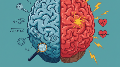 صورة تجريدية لدماغ بشري مقسوم إلى نصفين، أحدهما بألوان نارية والآخر بألوان باردة، يمثلان التفكير السريع والبطيء.