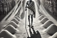 صورة باللونين البني الداكن والأبيض تُظهر غاندي وهو يسير في مقدمة مسيرة الملح، مرتديًا دوتيه البسيط، حاملًا عكازه، مع آلاف الهنود خلفه في خطواتٍ ثابتة نحو شاطئ البحر. في الخلفية، أعمدة شرطة بريطانية بوجوهٍ متجهمة، بينما تلمع أشعة الشمس على أكوام الملح الذي جمعه الفلاحون بأيديهم. على الأرض، آثار أقدام عارية تختلط بظلٍّ عملاق لغاندي يمتد نحو الأفق، كرمزٍ لظلِّ أفكاره الذي غطى العالم.