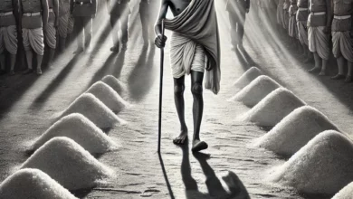 صورة باللونين البني الداكن والأبيض تُظهر غاندي وهو يسير في مقدمة مسيرة الملح، مرتديًا دوتيه البسيط، حاملًا عكازه، مع آلاف الهنود خلفه في خطواتٍ ثابتة نحو شاطئ البحر. في الخلفية، أعمدة شرطة بريطانية بوجوهٍ متجهمة، بينما تلمع أشعة الشمس على أكوام الملح الذي جمعه الفلاحون بأيديهم. على الأرض، آثار أقدام عارية تختلط بظلٍّ عملاق لغاندي يمتد نحو الأفق، كرمزٍ لظلِّ أفكاره الذي غطى العالم.