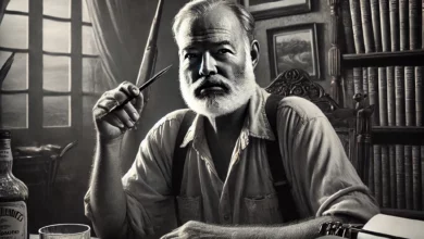 صورة باللونين الأسود والأبيض تُظهر إرنست همينغوي جالسًا على شرفة منزله في كوبا، قلم في يد وورقة على الطاولة، بينما ينظر إلى الأفق البعيد بوجهٍ غامض. خلفه رفوفٌ مليئة بالكتب وبندقية صيد قديمة، مع إضاءة خافتة تُبرز تجاعيد وجهه التي تحكي قصص الحرب والحب والخسارة. في الزاوية، غلاف رواية العجوز والبحر مُلقى بجانب كأس ويسكي، كرمزٍ لتناقضات حياته.