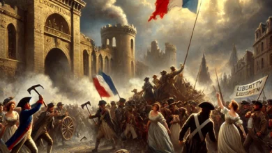 لوحة زيتية تجسد لحظة اقتحام سجن الباستيل في 14 يوليو 1789، حيث تتصاعد أعمدة الدخان من بين أبراج السجن المهدمة، بينما تموج حشود الثوار بأزياء القرن الثامن عشر البسيطة: الفلاحون يحملون الفؤوس، والعمال يرفعون الرايات المزينة بشعار "الحرية أو الموت"، وامرأة تمسك بصحيفة إعلان حقوق الإنسان. في الخلفية، تظهر أعلام الثورة الثلاثية الألوان (الأزرق، الأبيض، الأحمر) ترفرف فوق أنقاض الباستيل، رمزًا لسقوط الاستبداد. على الأرض، تتناثر سلاسل مكسورة، بينما يتقدّم شابٌّ نحو الأمام حاملًا قُبَّعة الفرجيان الحمراء، رمز الحُرية. الضوء الساطع الذي يخترق السحب الداكنة يُشير إلى فجر عصر جديد.