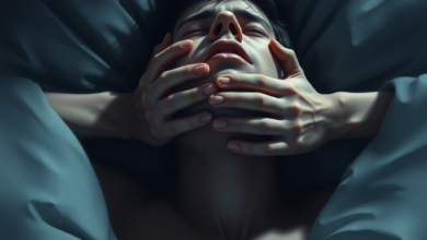 صورة لشخص يعاني من الاختناق في حلم، حيث تظهر يد خفية تحيط برقبة الشخص في مشهد يبعث على القلق، مع خلفية غامقة تعكس الأجواء المقلقة والتوتر النفسي.