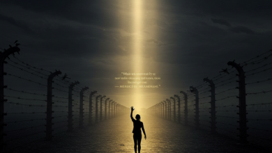 صورة رمزية تجمع بين الظلام والنور: خلفية معتمة باللون الرمادي الباهت تمثل معسكرات الاعتقال، مع شعاع ضوء ساطع واحد يتسلل من الأعلى يرمز إلى 'البحث عن المعنى'. في المقدمة، شخصية بشرية ظلية، ربما امرأة شابة، تمد يدها نحو الضوء، محاطة بأسلاك شائكة تتحول تدريجيًا إلى صفحات كتب مفتوحة تحمل عنوان 'الإنسان يبحث عن معنى'. على الأرض، توجد آثار أقدام تتجه نحو الأفق، بينما تطفو في الخلفية اقتباسات من الكتاب مكتوبة بخطوط ذهبية خفيفة، مثل 'عندما لا نستطيع تغيير الموقف، نغير أنفسنا'. تتدرج الألوان من الرمادي الداكن إلى الذهبي الدافئ، مما يعكس رحلة الانتقال من اليأس إلى الأمل. التكوين عبارة عن لقطة واسعة الزاوية تلتقط اتساع الخلفية المظلمة والتباين مع شعاع الضوء، مما يخلق إحساسًا بالرهبة والعجب.