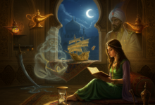 لوحة فنية تصور شهرزاد في قصر عربي تحكي قصص ألف ليلة وليلة، مع ظهور شخصيات مثل علاء الدين والسندباد.