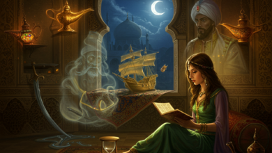 لوحة فنية تصور شهرزاد في قصر عربي تحكي قصص ألف ليلة وليلة، مع ظهور شخصيات مثل علاء الدين والسندباد.