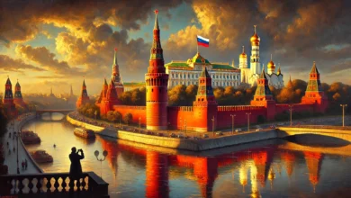 "مشهد بانورامي لقلعة الكرملين في موسكو مع نهر موسكفا وأبراجها الذهبية، يظهر التفاصيل المعمارية والتاريخية المذكورة في مقال 'تعريف الكرملين'.
