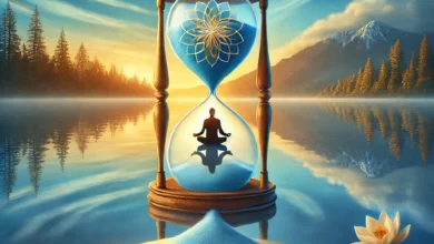 مشهد طبيعي هادئ مع غروب الشمس يلامس مياه بحيرة ساكنة، مع ساعة رملية تتحول رمالها إلى أوراق كتاب مفتوح بعنوان 'قوة الآن' لإيكهارت تول، وظل شخص يجلس في وضعية التأمل داخل الساعة الرملية. الألوان تشمل درجات الأزرق والذهبي، مع اقتباس 'الحاضر هو كل ما لديك' بخط أنيق.