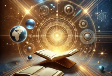 رموز تجريدية لتعريف القرآن: كتاب مضيء، كرة أرضية، وأدوات بحثية، مع إضاءة ذهبية ترمز لوحي الله الخالد
