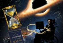 صورة رمزية تجمع بين ستيفن هوكينج والكون، مع ثقب أسود وكرسي متحرك ومعادلات رياضية.