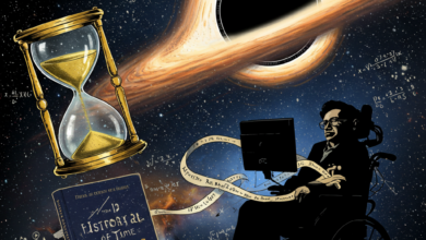 صورة رمزية تجمع بين ستيفن هوكينج والكون، مع ثقب أسود وكرسي متحرك ومعادلات رياضية.