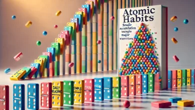 صورة تجريدية لسلم من قطع دومينو ملونة تبدأ صغيرة في الأسفل وتتزايد تدريجيًا لتشكل برجًا في الخلفية. تحتوي كل قطعة دومينو على كلمات مثل 'قراءة يومية' و 'تمارين بسيطة' و 'تركيز'. يظهر في الزاوية العليا غلاف كتاب 'العادات الذرية' مع إضاءة خفيفة تركز على العنوان. الخلفية ذات تدرجات لونية هادئة تعكس فكرة التراكم الصغير الذي يؤدي إلى تحول كبير.