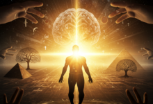 صورة تجريدية تجمع بين العلم والدين والفلسفة، تمثل مصير الوعي بعد الموت. تظهر الصورة شبه ظل لإنسان يتحول إلى ضوء ذهبي، محاطًا بدماغ يحتوي على شرائح دوائر إلكترونية، وأنفاق ضوئية تنبعث من خلفية كونية مليئة بالنجوم. تظهر رموز دينية خفية (صليب، هلال، زهرة لوتس) في المشهد، مع ظل هرم مصري قديم وشجرة الحياة من الأساطير الإسكندنافية في الخلفية. أيدي بشرية ممدودة تحاول لمس الضوء. كلمات مفتاحية: مصير الوعي، تجارب الاقتراب من الموت، العلم والروحانيات، الوعي بعد الموت، الوجود، الفلسفة، الأديان، صورة تجريدية.