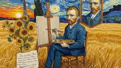 لوحة زيتية سريالية تصور فنسنت فان غوخ جالساً في حقل قمح ذهبي، تظهر في الخلفية لوحة 'ليلة النجوم' و'عباد الشمس'. مرآة مكسورة تعكس وجه فان غوخ بوجهين: مبتسم وحزين. ظل لشخص يحمل مسدس يظهر في الأفق. يد تحمل رسالة تتحول إلى فراشات.