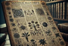 مخطوطة فوينيتش: لغز الكتاب الغامض المحير للعلماء والباحثين، مع رسومات نباتية غريبة ونصوص غير قابلة للفك، تحت ضوء خافت في بيئة مليئة بالكتب القديمة. تظهر المخطوطة على طاولة خشبية قديمة، يحيط بها أجواء من الغموض والتساؤل، مما يعكس سرها المستمر منذ قرون. في الخلفية، تظهر الظلال التي تضيف جوًا من الإثارة والتشويق حول هذا الكتاب الغامض.