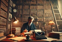 أديب في خَمسينيَّاتِه جالس خلف مكتب خشبي عتيق، محاط بالكتب والمجلدات القديمة والحديثة، مع مصباح نحاسي دافئ يضيء الغرفة. الأديب يمسك قلمًا بيده المجعدة وهو في لحظة تأمل عميق، بينما تكتمل المشهد بفنجان قهوة بارد وساعة جدار صامتة. خلفه تتصاعد رفوف مكتبة ضخمة تحمل آلاف الكتب، مع إضاءة دافئة تبرز تفاصيل المكان.