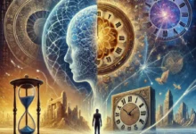 لوحة سريالية تجسد ظاهرة الديجافو بانزياحات زمنية وانزياحات بصرية. في المقدمة، شخصية بشرية نصف شفافة تقف عند مفترق طرق، ينقسم جسدها إلى شظايا تُمثل الذاكرة المزدوجة (وجه ينظر إلى ساعة رملية مكسورة، ويد تمسك خريطة مدينة مُكررة كأنها انعكاس مرآة). خلفها، دماغ بشري مُضاء بأنماط عصبية متداخلة مع صور أشبه بأحلام: مبانٍ قديمة تذوب في فراغات كونية، ورقائق من نصوص دينية (الڤيدا، آيات قرآنية) تتحول إلى طيور ورقية. في الخلفية، ساعة حائط ضخمة تدور عقاربها عكس الاتجاه، بينما تُظهر أرقامها رموزًا من حضارات مختلفة (أرقام هندية عربية، رموز إغريقية). الألوان المهيمنة: الأزرق الكهربائي (لتمثيل العلم) يتداخل مع الذهبي الروحي (للموروث الديني)، بينما تُضيء خيوط ضوئية بيضاء المشهد كشبكة عصبية أو خيوط قدر غامضة