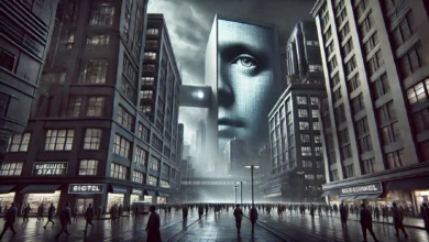 صورة رقمية لمدينة ديستوبية مظلمة مع مباني شاهقة وسقف غائم. يظهر وجه ضخم على شاشة عملاقة يراقب المواطنين، رمزًا للدولة الاستبدادية والمراقبة. الشوارع مليئة بالأشخاص يرتدون ملابس رمادية ويبدون بلا تعبيرات، يسيرون في ظل الشاشة الكبيرة. الأجواء تنقل إحساسًا بالسيطرة والخوف والتوافق. صورة مستوحاة من رواية '1984' لجورج أورويل.