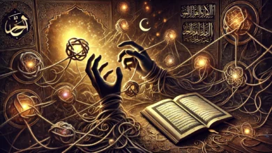 صورة رمزية تجمع بين خلفية داكنة ترمز إلى الشرور الخفية، وأيدي تمسك بخيوط معقودة تتخللها أنوار خافتة تشبه النفث السحري، مع وجود مصحف مفتوح على سورة الفلق في الزاوية. تظهر في الخلفية تفاصيل من المخطوطات العربية القديمة ولوحات جدارية تحاكي مشاهد من الثقافة الجاهلية (كالسحر والعقد)، مع إضاءة ذهبية خفيفة تعكس الأمل بالحماية الإلهية.