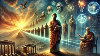 صورة رقمية توضح تطور المعرفة البشرية من اليونان القديمة إلى العصر الحديث، مع شخصيات تاريخية مثل الفلاسفة اليونانيين إلى العلماء والمبتكرين المعاصرين. الخلفية تتغير عبر العصور لتعكس التقدم المعرفي.