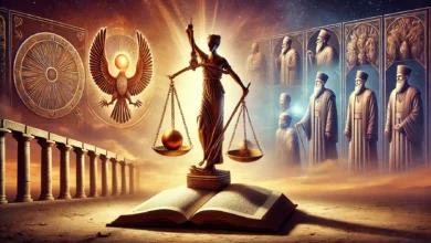 صورة تمثل ميزانًا مائلًا برفق، حيث يظهر في أحد الكفتين العدالة رمزًا عبر التوازن بين الظلال والنور. على الكفة الأخرى يظهر كتاب مفتوح يرمز إلى المعرفة القانونية والتاريخية. في الخلفية تتداخل صور خفيفة لشخصيات تاريخية مثل حمورابي وصلاح الدين الأيوبي، مما يعكس تداخل العدل عبر العصور. السماء في الصورة تتميز بتدرجات دافئة، ترمز إلى العدل الذي ينير الطريق نحو العدالة الإنسانية الشاملة.