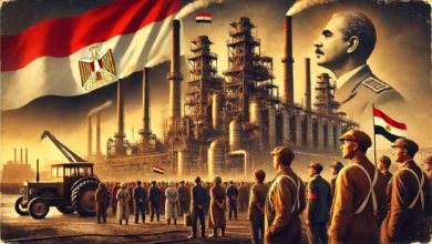 لحظة تاريخية من التأميم، يظهر فيها المنشأة الصناعية مع العمال المصريين وعلم مصر، رمزاً للتحول إلى ملكية الدولة. الإضاءة الدافئة والتركيب التاريخي يهدفان إلى نقل إحساس بالتغيير الجوهري.