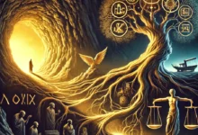 تصوِّر اللوحة مشهدًا فلسفيًّا مجازيًّا يجمع بين الرمزية والتاريخ. في الخلفية، كهفٌ مظلم يُشير إلى "أسطورة الكهف" لأفلاطون، حيث تظهر ظلالٌ بشرية على الجدران، بينما يتسلل ضوءٌ ذهبي من فتحة الكهف، ممتدًّا نحو أفقٍ واسع. أمام الكهف، شجرة معرفة عتيقة جذورها تشبه دماغًا بشريًّا متشعبًا، وفروعها تحمل رموزًا مختلفة: كتابًا مفتوحًا (رمز الفلسفة الإغريقية)، مرآةً تكسر انعكاسها إلى أجزاء (إشارة إلى تأويلات نيتشه)، وميزانًا (يرمز لصراع الحقيقة والواقع).