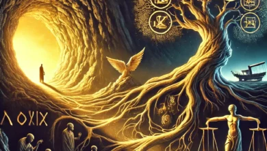 تصوِّر اللوحة مشهدًا فلسفيًّا مجازيًّا يجمع بين الرمزية والتاريخ. في الخلفية، كهفٌ مظلم يُشير إلى "أسطورة الكهف" لأفلاطون، حيث تظهر ظلالٌ بشرية على الجدران، بينما يتسلل ضوءٌ ذهبي من فتحة الكهف، ممتدًّا نحو أفقٍ واسع. أمام الكهف، شجرة معرفة عتيقة جذورها تشبه دماغًا بشريًّا متشعبًا، وفروعها تحمل رموزًا مختلفة: كتابًا مفتوحًا (رمز الفلسفة الإغريقية)، مرآةً تكسر انعكاسها إلى أجزاء (إشارة إلى تأويلات نيتشه)، وميزانًا (يرمز لصراع الحقيقة والواقع).