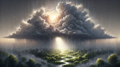 صورة لسحابة كثيفة تمتلئ بالمطر، تتدرج ألوانها بين الرمادي الفاتح والغامق، مع إشراقة خفيفة لأشعة الشمس من بين الغيوم. في أسفل الصورة، يظهر مشهد لأرضٍ يكسوها الندى، بينما يتساقط المطر برفق، ليعكس مفهوم "اللهم صيبًا نافعًا" وكأن المطر يحمل معه وعدًا بالخير والنماء.