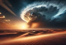 صورة لسماء واسعة فوق صحراء شاسعة، حيث تتناثر فيها الرياح العاتية التي تذرو الرمال في الهواء، مما يخلق سحابة من التراب تلوح في الأفق. في الزاوية البعيدة، تظهر سحابة كثيفة من المطر على وشك الهطول، بينما الشمس تكاد تختفي خلفها، مما يعطي المشهد إشراقة دافئة. السماء في الخلفية تعكس ألوانًا متدرجة من الأزرق إلى البرتقالي، في إشارة إلى التناغم الكوني الذي يتحدث عنه القرآن، مع تلميحات لنجوم خافتة في الأفق تعكس عظمة الخلق واحتكامه للنظام الإلهي.
