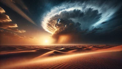 صورة لسماء واسعة فوق صحراء شاسعة، حيث تتناثر فيها الرياح العاتية التي تذرو الرمال في الهواء، مما يخلق سحابة من التراب تلوح في الأفق. في الزاوية البعيدة، تظهر سحابة كثيفة من المطر على وشك الهطول، بينما الشمس تكاد تختفي خلفها، مما يعطي المشهد إشراقة دافئة. السماء في الخلفية تعكس ألوانًا متدرجة من الأزرق إلى البرتقالي، في إشارة إلى التناغم الكوني الذي يتحدث عنه القرآن، مع تلميحات لنجوم خافتة في الأفق تعكس عظمة الخلق واحتكامه للنظام الإلهي.