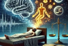 صورة رمزية تجمع بين العِلم والروحانيات: شخص نائم بشكل جانبي على فراش في غرفة هادئة مضاءة بضوء خافت، مع خلفية من الفضاء الكوني المليء بالنجوم. يعلو جسده دماغ بشري مُضيء بشرائح عصبية (تمثل نشاط الوعي العلمي)، بينما تتصاعد من رأسه أرواحٌ على شكل أضواء ذهبية وشفافة (ترمز إلى الروح عند النوم). في الخلفية، تظهر يدٌ تمسك بميزانٍ بين كتاب علمي مفتوح (يظهر مخطط موجات النوم) وآخر قديم بغلاف عربي (يرمز إلى النصوص الدينية). الألوان المهيمنة: الأزرق الداكن (للليل)، الذهبي (للروح)، والأبيض (للعلم). الصورة تُعبِّر عن صراع السؤال المحوري: أين يذهب الوعي بين المادة والماوراء؟"