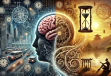 صورة رمزية تجمع بين دماغ بشري تتدفق منه ساعة رملية قديمة (كرونوس) تذوب رمالها على شكل دوائر زمنية متداخلة، بينما تظهر خلفيةٌ نصفُها مدينةٌ حديثةٌ تعجُّ بالساعات الرقمية والوجوه المُسْرِعة، والنصف الآخر طبيعةٌ هادئةٌ مع شمسٍ تشرق على معبدٍ بوذي. على أطراف الصورة، تطفو أقوالٌ فلسفيةٍ عن الزمن بخطوطٍ قديمةٍ، مع ظلٍّ خافتٍ ليدٍ تحاول الإمساك بشراعٍ من نورٍ يُمثِّل 'اللحظة الحالية'.